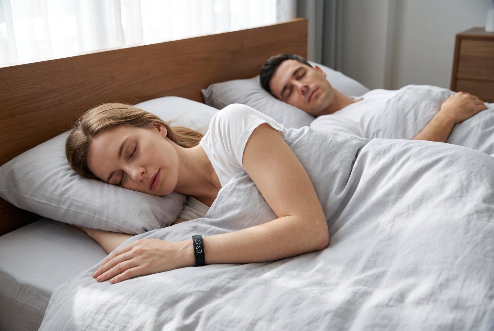 Couple sleeping peacefully, one wearing EIVOI