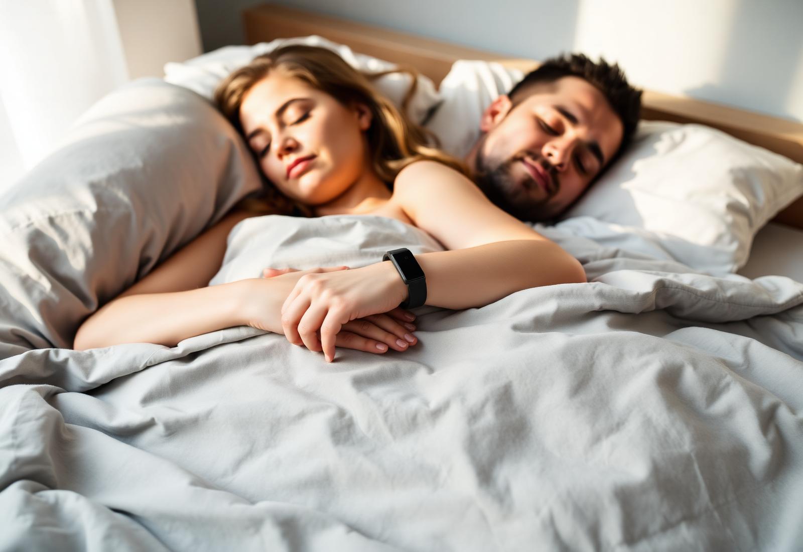 Couple sleeping peacefully, one wearing EIVOI