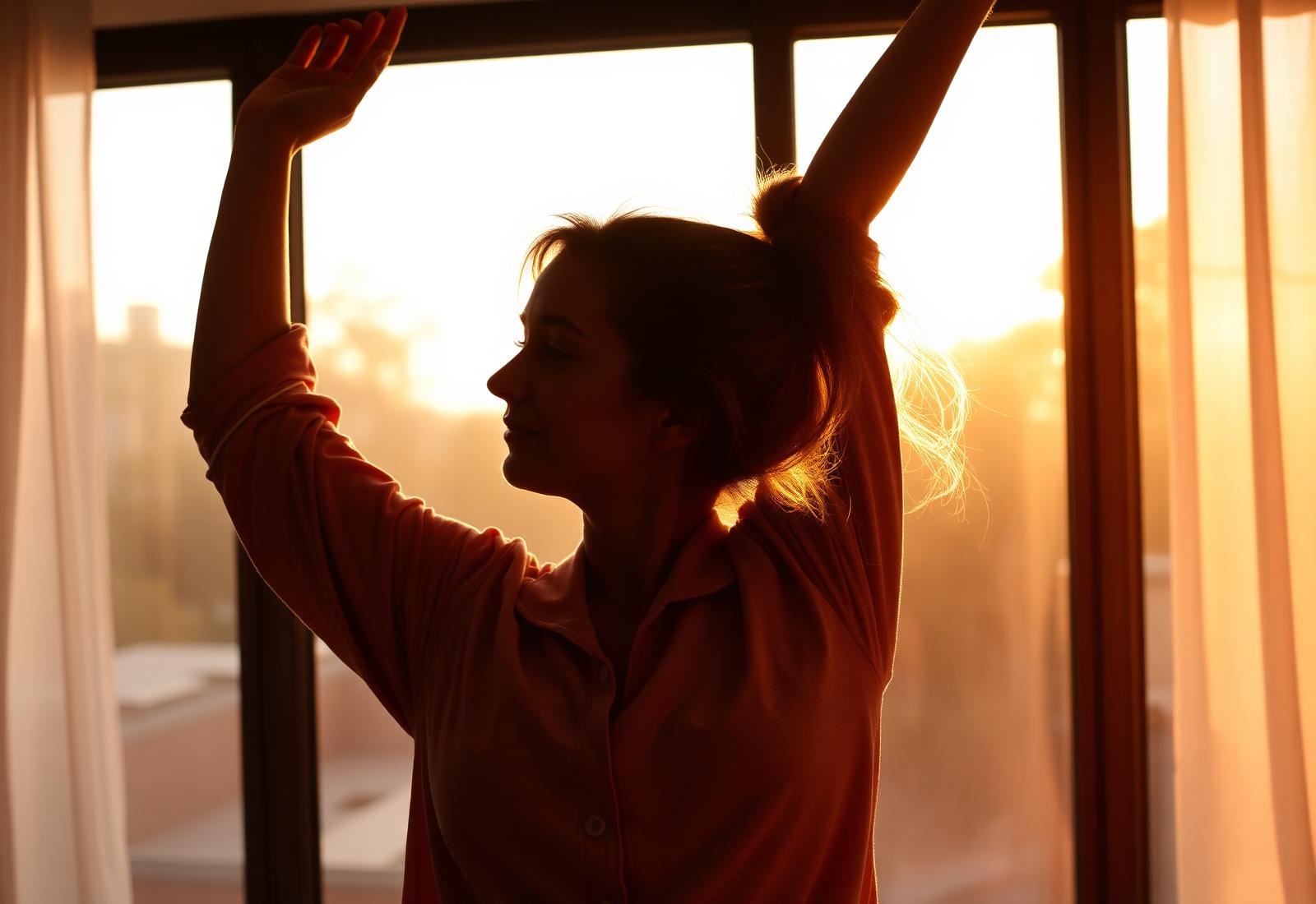 Person stretching at a sunlit window after waking naturally