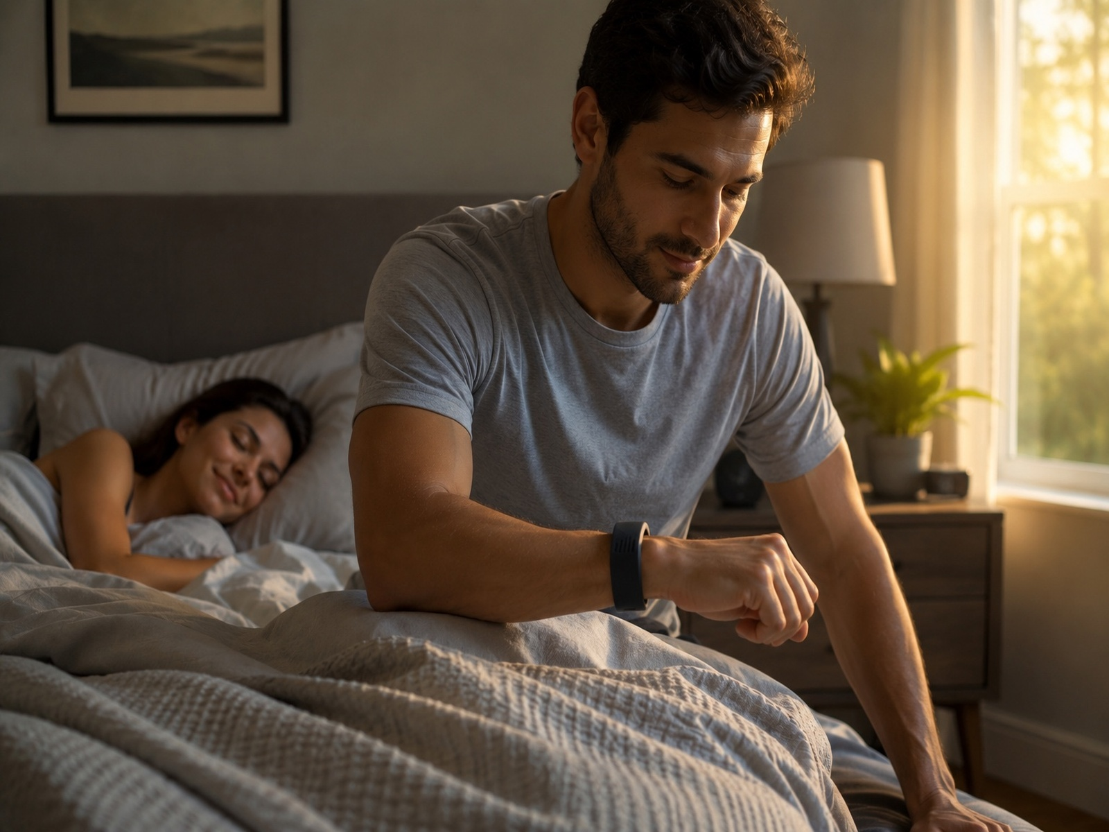 Man sitting up in bed checking his EIVOI Silent Wake band while partner sleeps peacefully