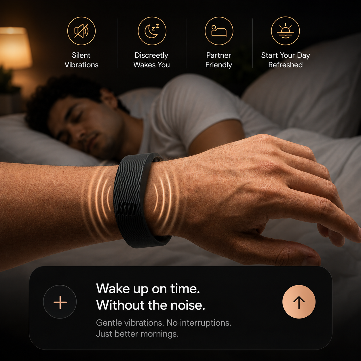 Wrist wearing the EIVOI Silent Wake band on white sheets