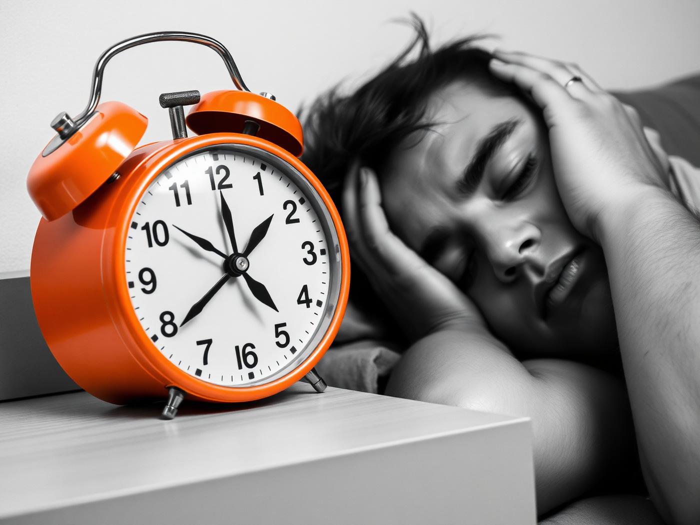 A loud orange alarm clock waking a sleeping person